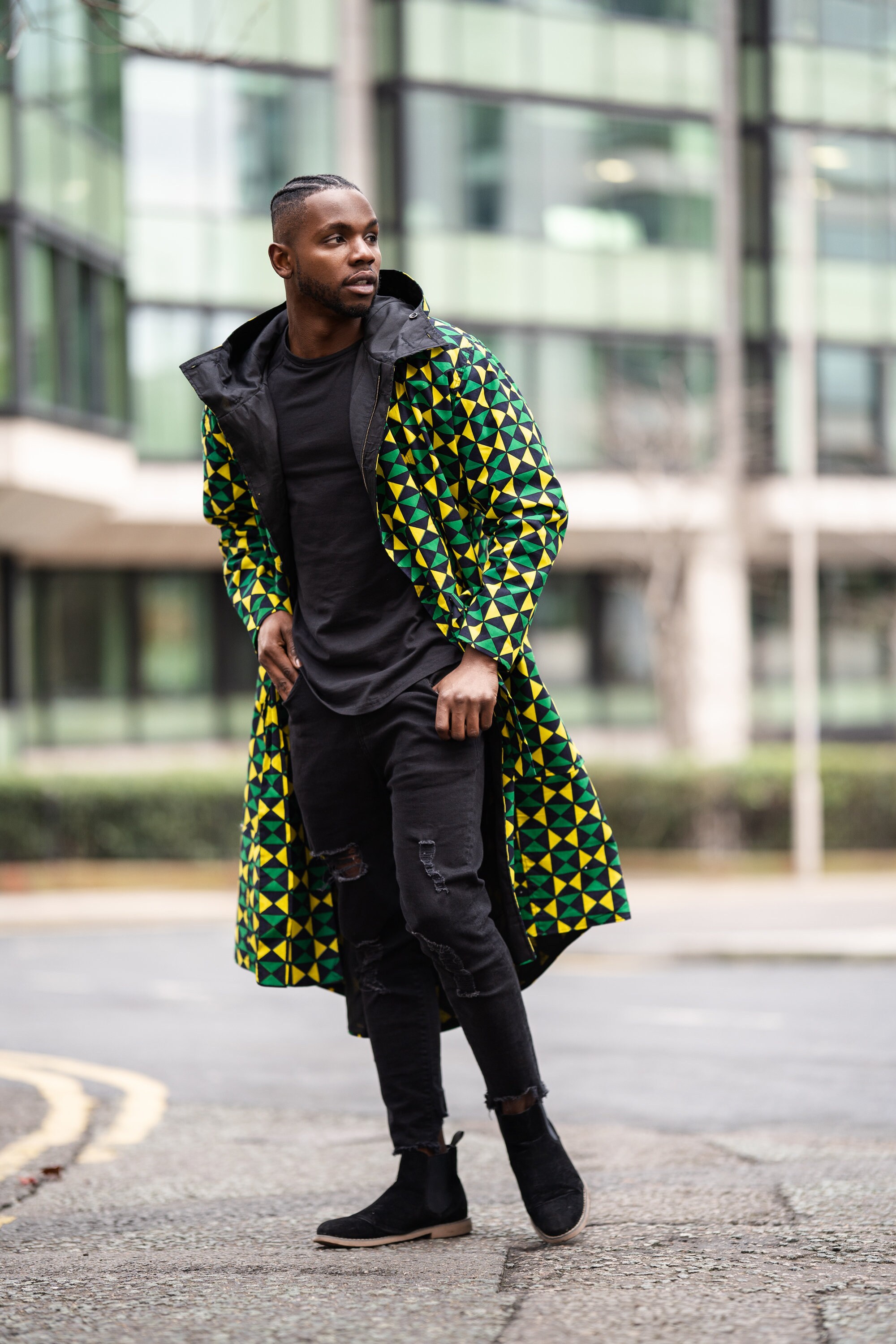 Image of African Winter Trench Coat/Parka in Green Print Made Africa