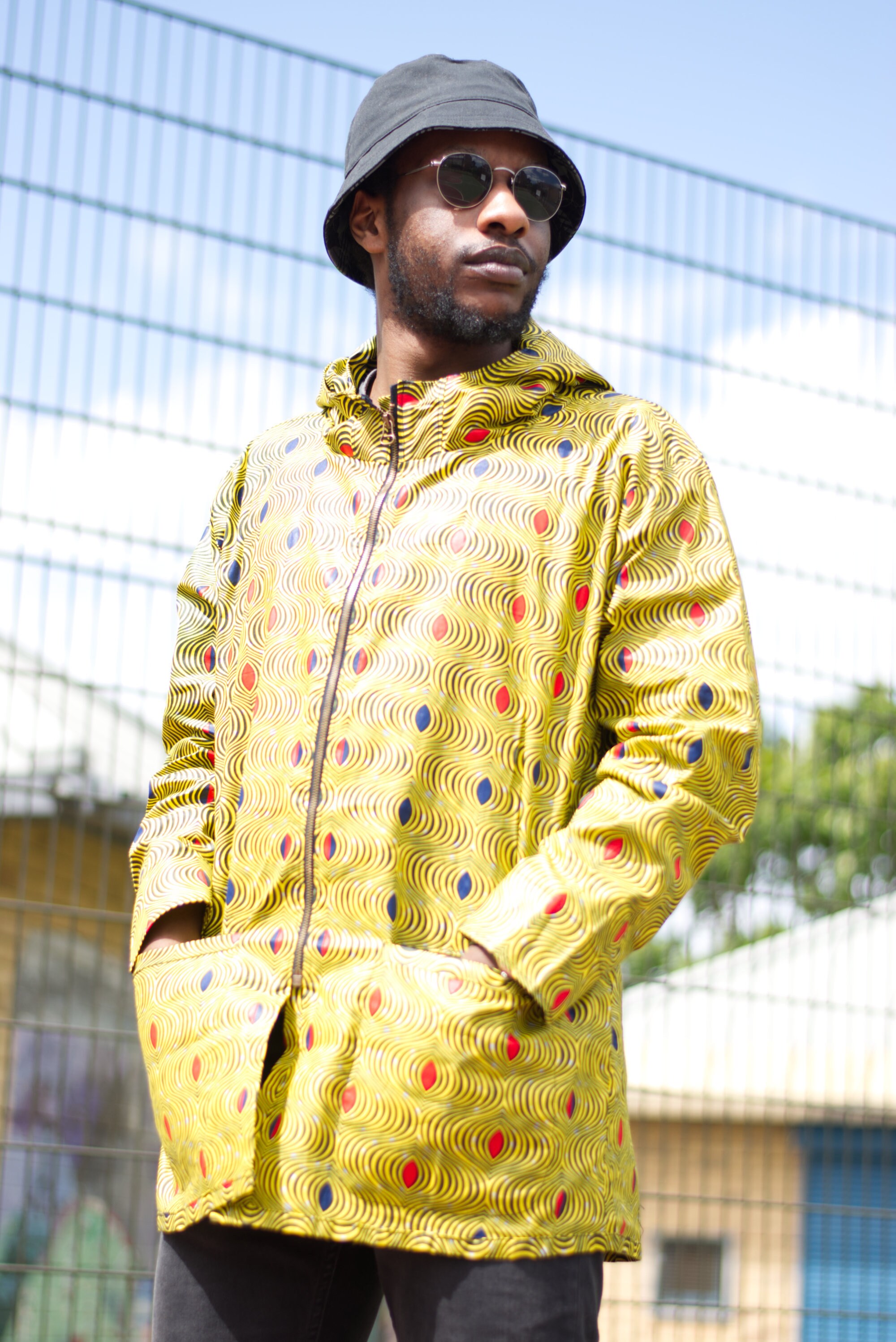 Image of African Print Hoodie in Yellow Optical/Retro Festival Colourful Jacket in Wax