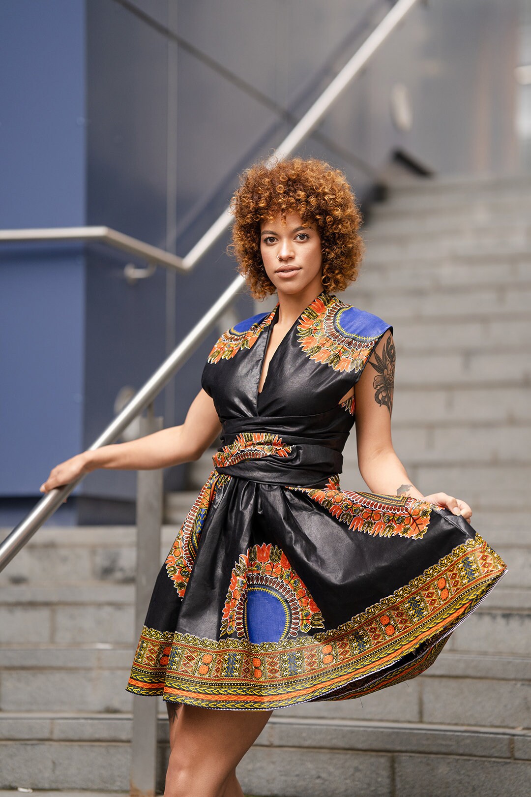 Image of African Wrap Dress, Dashiki Dress in Black Print/Handmade Africa
