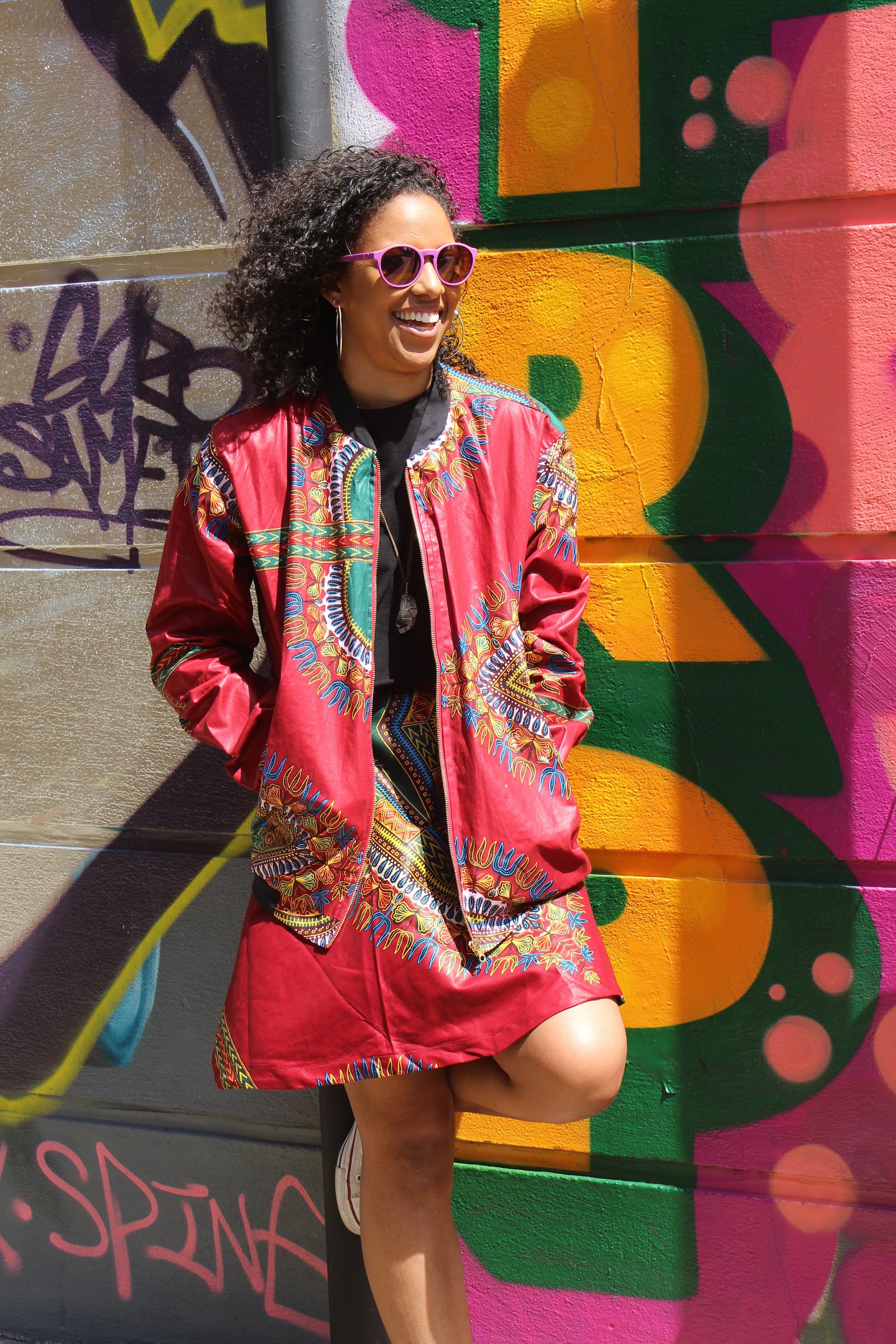 Image of African Print Bomber Jacket in Red Dashiki Print, Handmade in The Gambia
