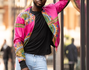 Dashiki Jacket in Pink / African Bomber Jacket In Pink Dashiki Made In Gambia