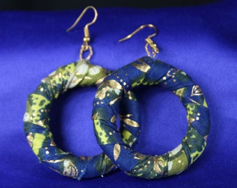 Boho earrings, African Hoops In Glistening Gold Blue Ankara / Stunning Statement Earrings Made In Africa