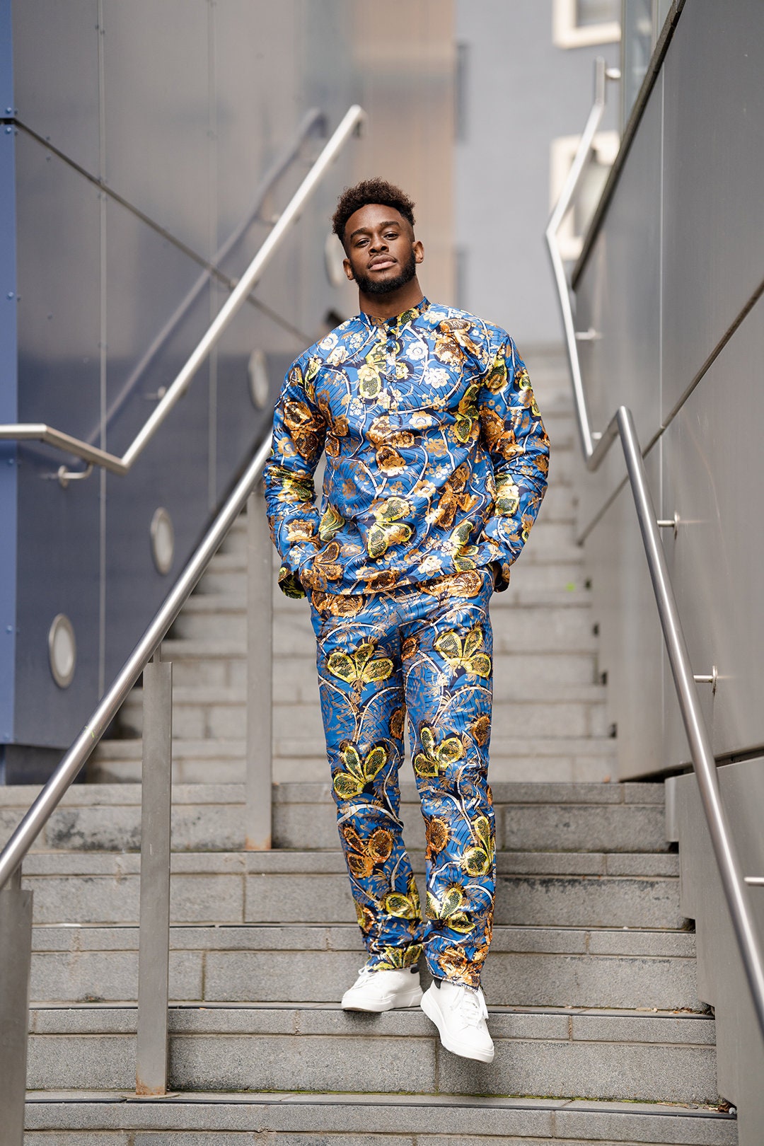 Image of African Clothing, Suit in Metallic Gold Blue Ankara/Outfit Handmade Africa