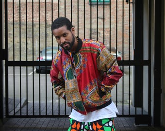 African Clothing, Dashiki jacket In Red African Print / African Bomber Jacket Made In Africa