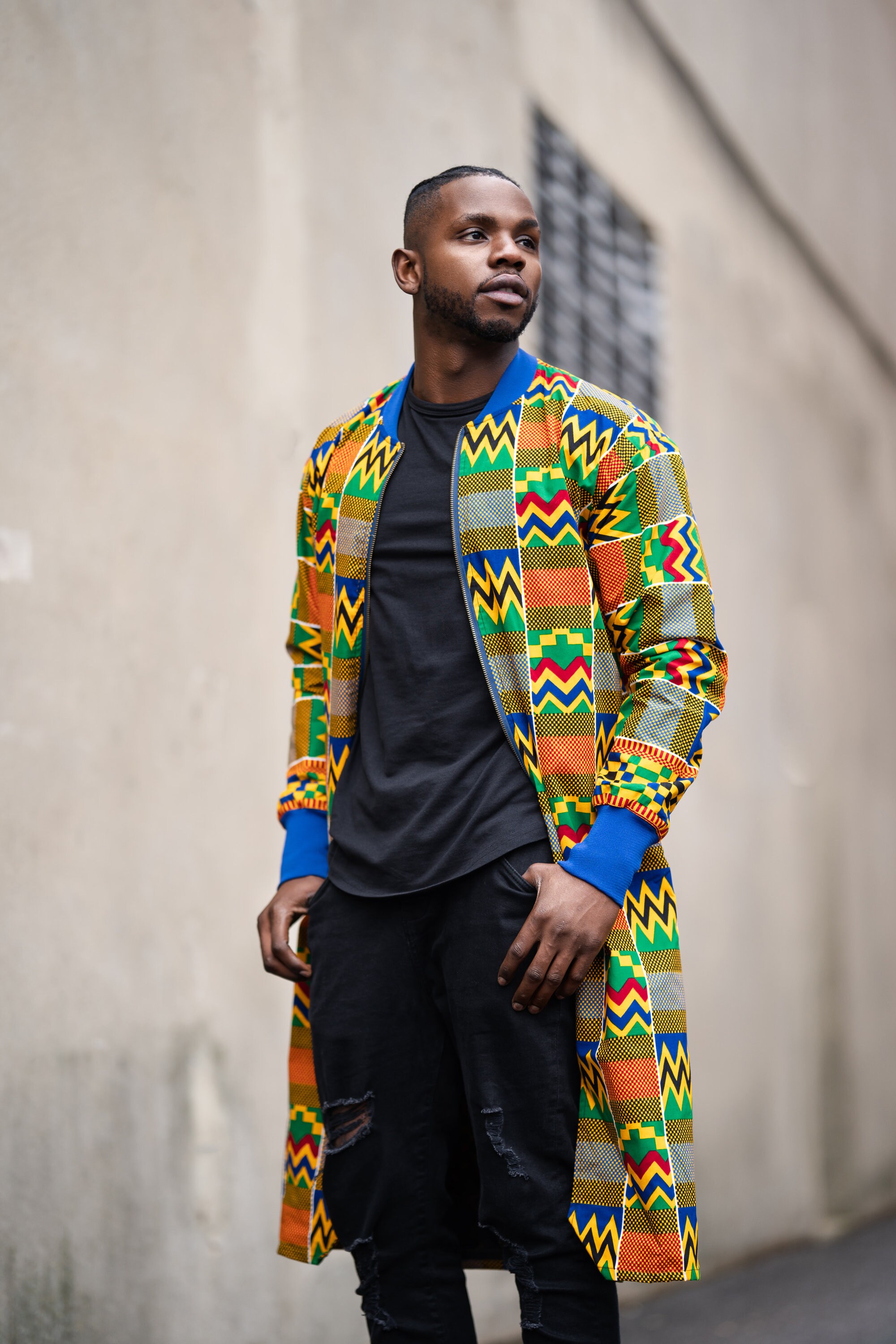 Image of African Winter Coat in Electric Orange Kente/Military Made Africa