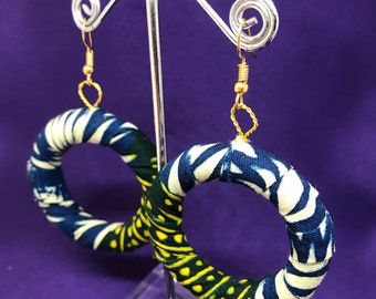 Christmas Present African Print Hooped Earrings With Green Blue Ankara Fabric