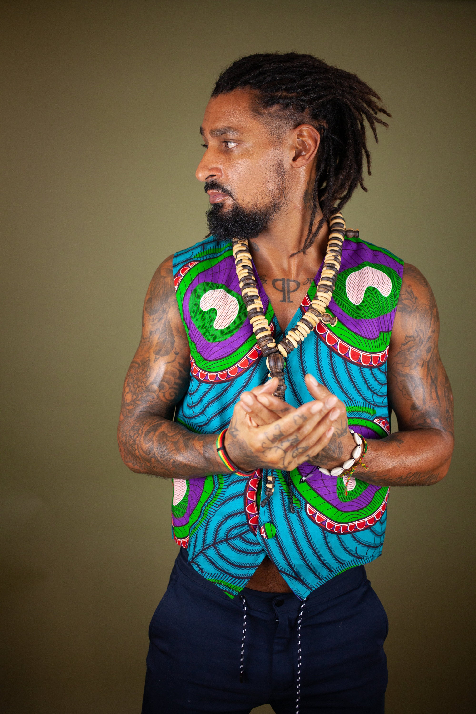 Image of African Waistcoat in Brilliant Blue Ankara Print/Reversible Made in Africa, Unisex