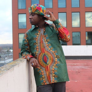 African Print Shirt in Green Dashiki Print / Dashiki Shirt Handmade In Africa With Pockets