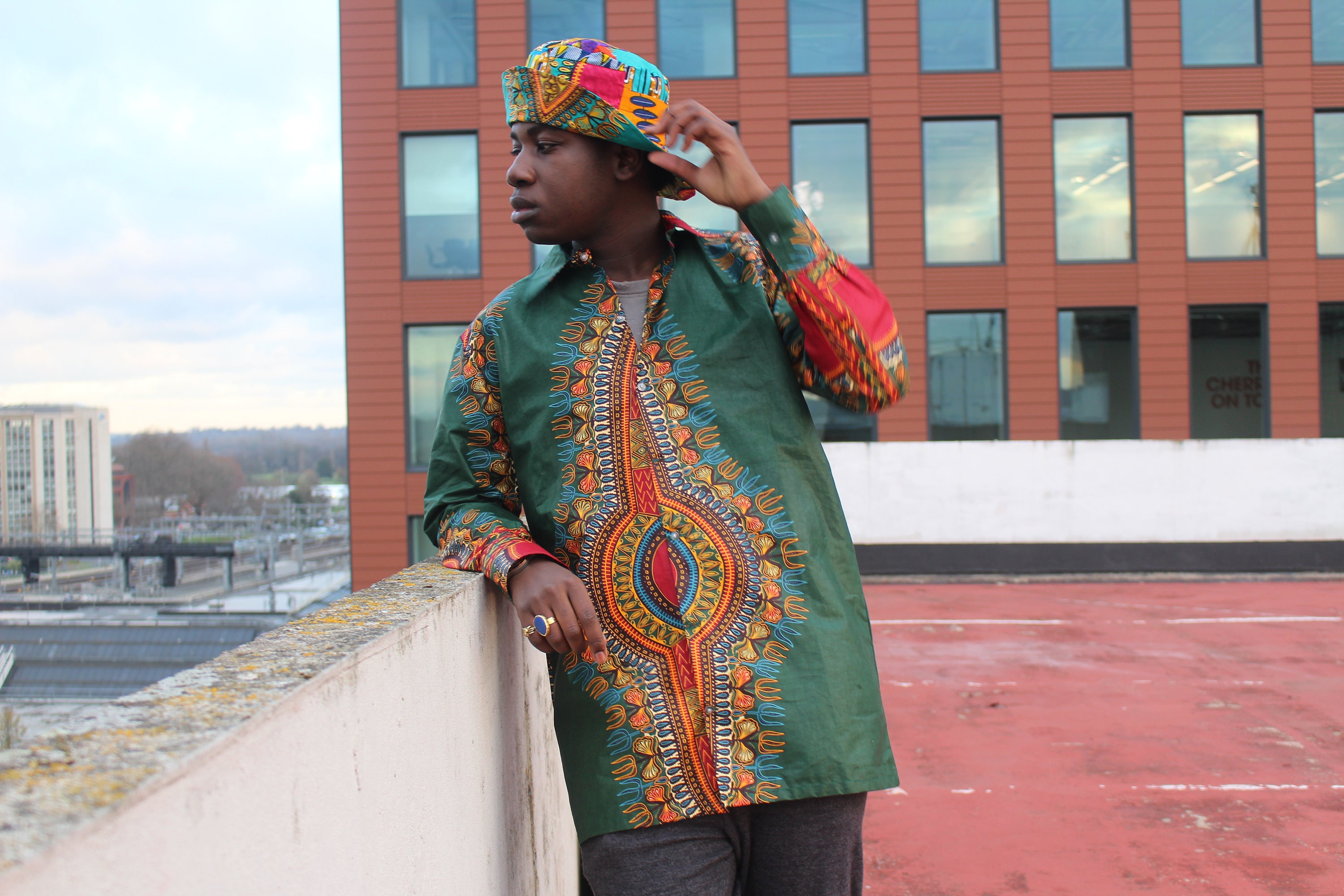 Image of African Print Shirt in Green Dashiki/Handmade in Africa With Pockets