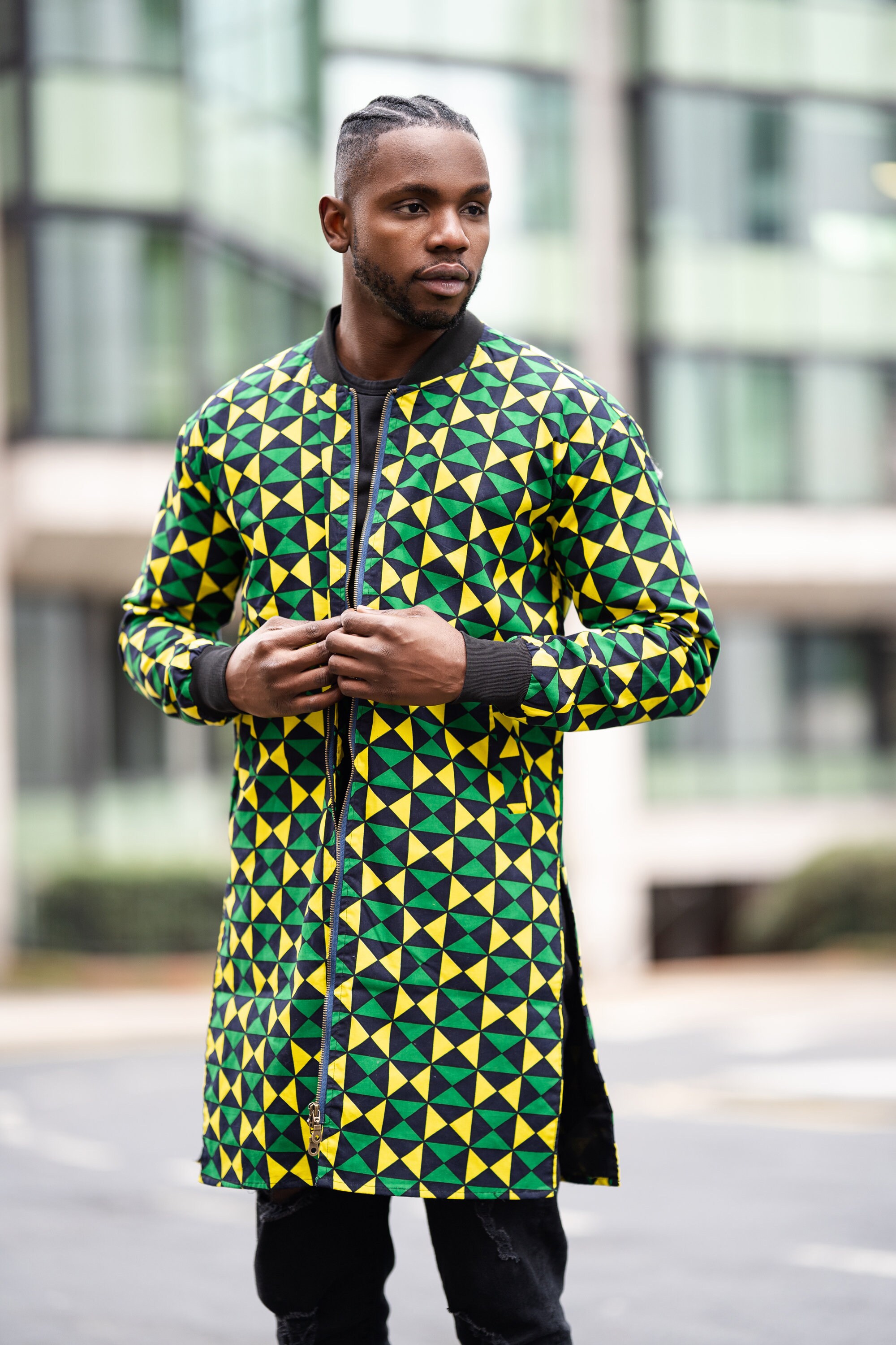 Image of African Winter Coat in Earthy Green Ankara/Trench Made Africa