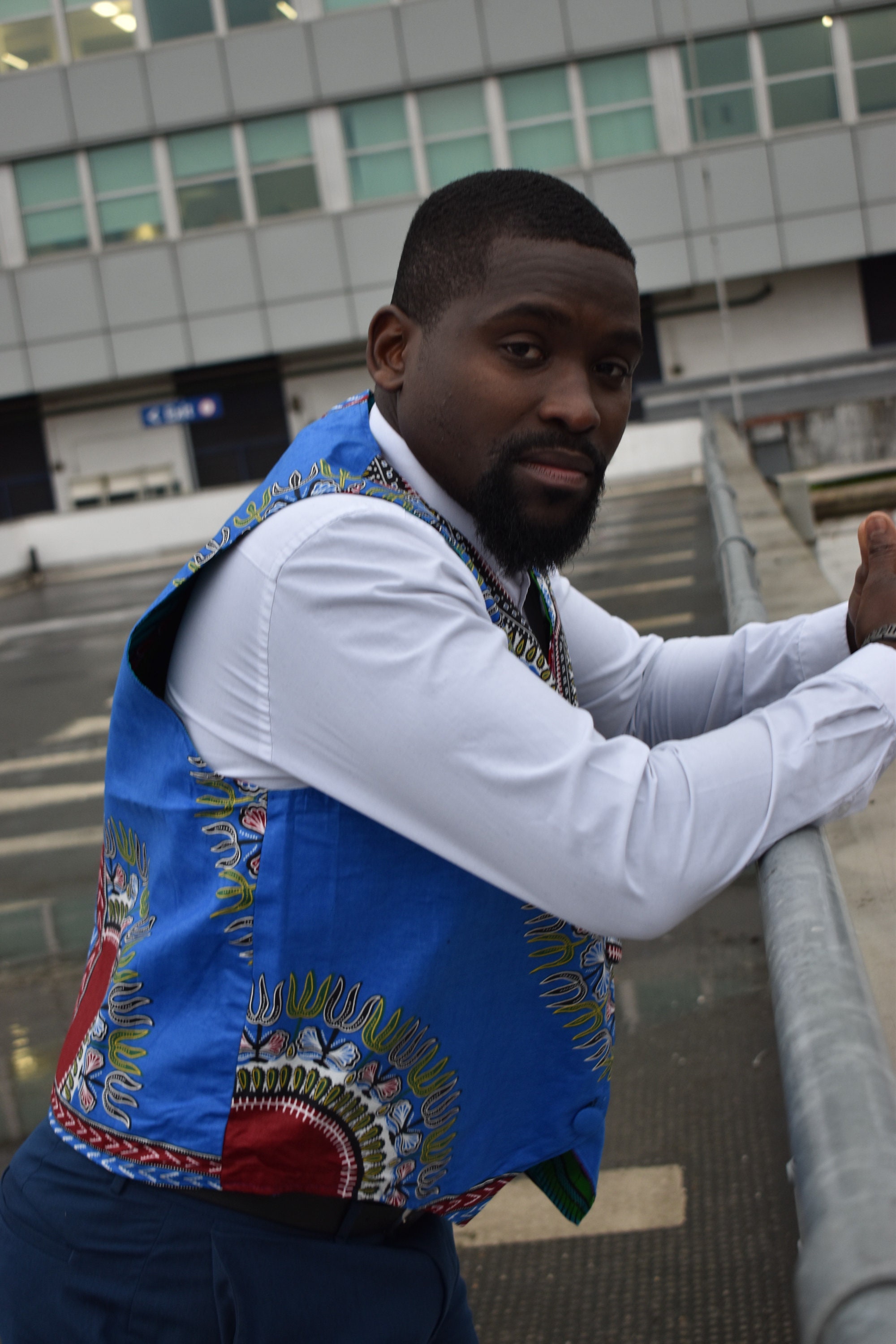 Image of African Clothing, Waistcoat in Blue Dashiki Made in Africa