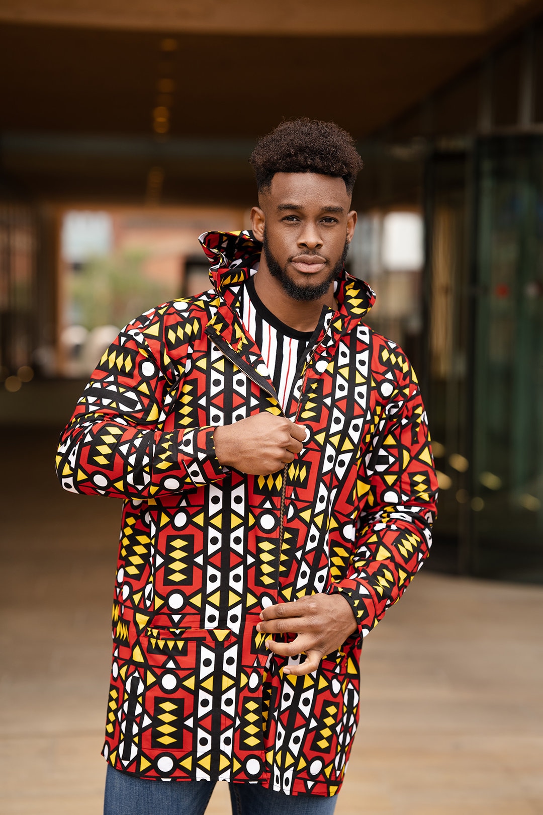 Image of African Coat, Winter Jacket in Electric Red Sumakaka/Overcoat Made Africa
