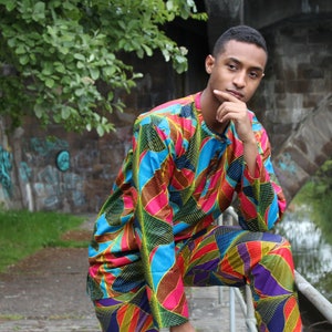 African Print Shirt In Purple Blue Print / Colorful Shirt Made In Africa