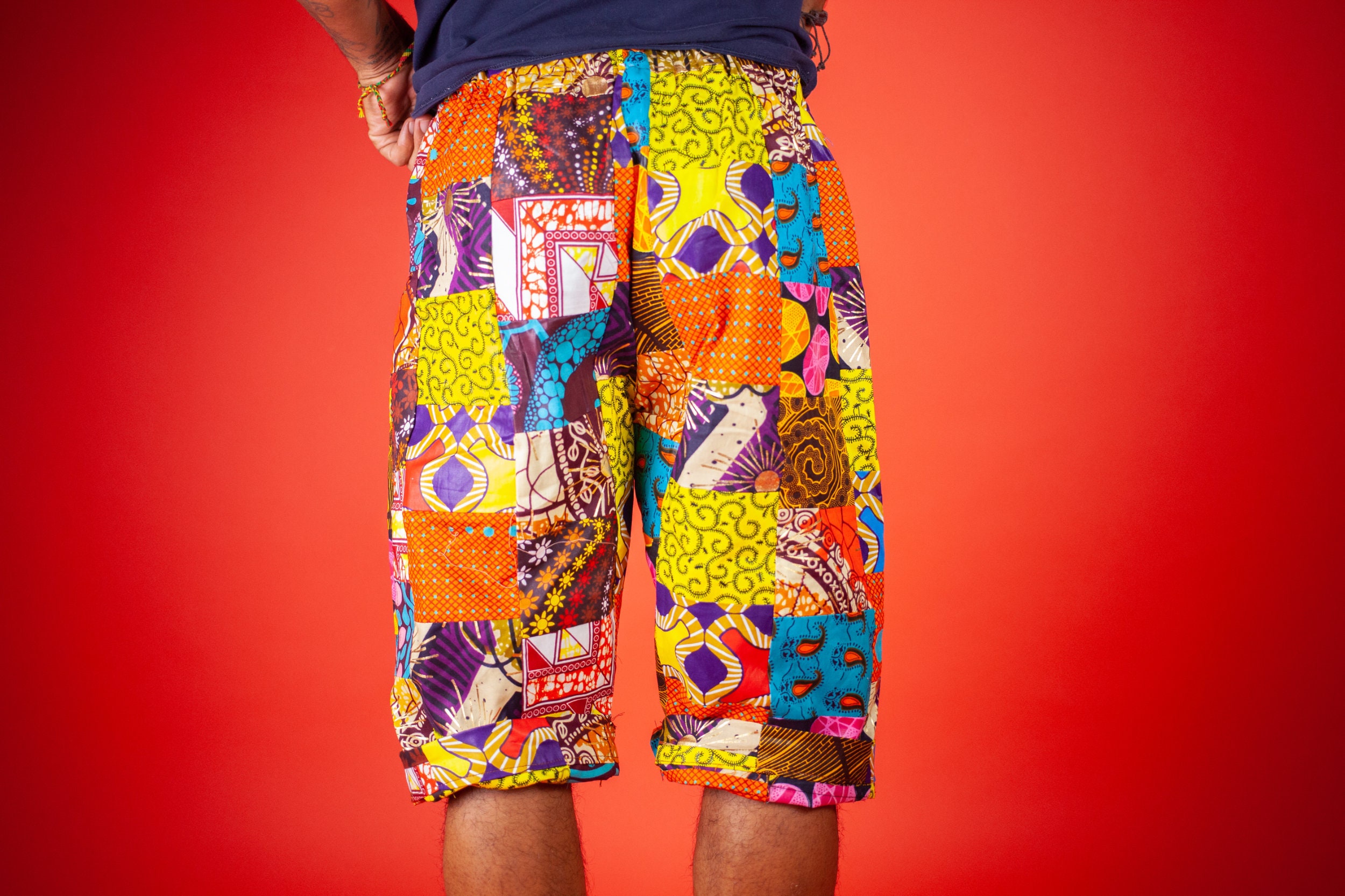 Image of African Patchwork Shorts With Pockets in Wax Print/Made Africa