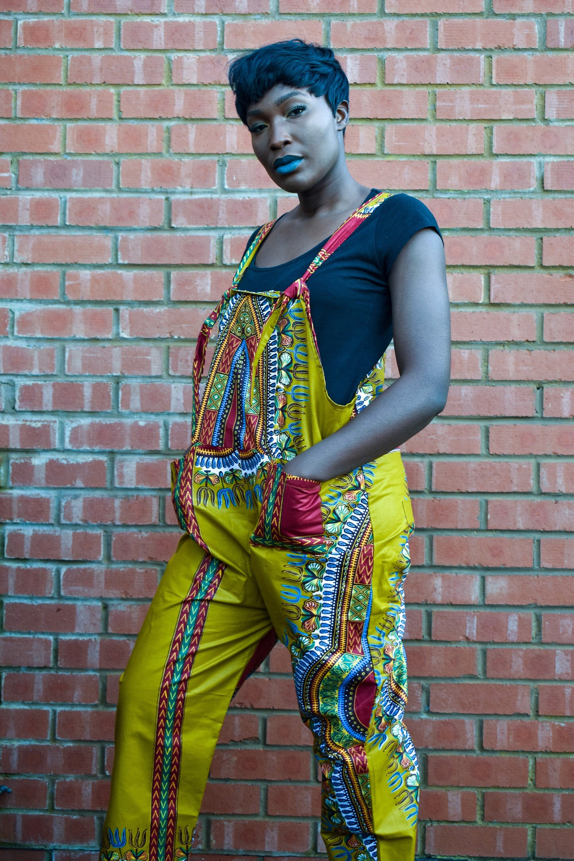 Image of African Clothing, Dashiki Dungarees in Brown Print/Made Africa