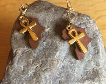 Cultural Earrings African Ankh Earrings African Earrings Ankh Jewellery Wooden Earrings Africa Map Earrings Ethnic Jewellery
