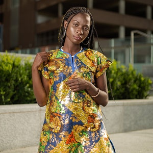 African Print Dress in Metallic Gold And Blue Ankara Print / | Etsy