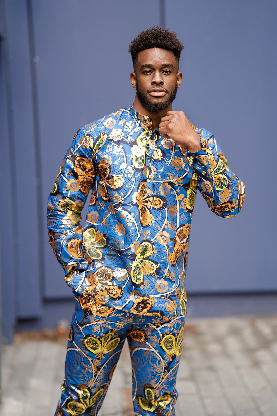 Image of African Shirt in Gold Blue Ankara/Top Handmade in Africa