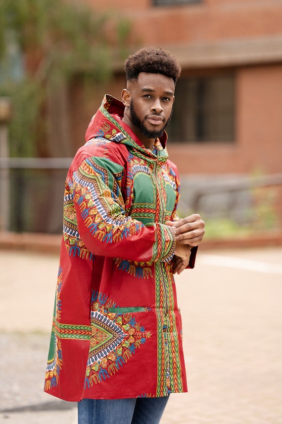 African Jacket in Deep Red Dashiki Print / African Summer Coat