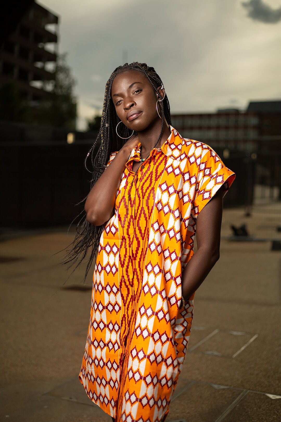 Image of Beautiful African Dress in Electric Orange Kente/Aztec Shirt Festival Made Africa
