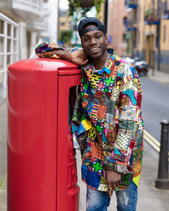 African Print Shirt / Mens Patchwork Shirt With Pockets / Made in