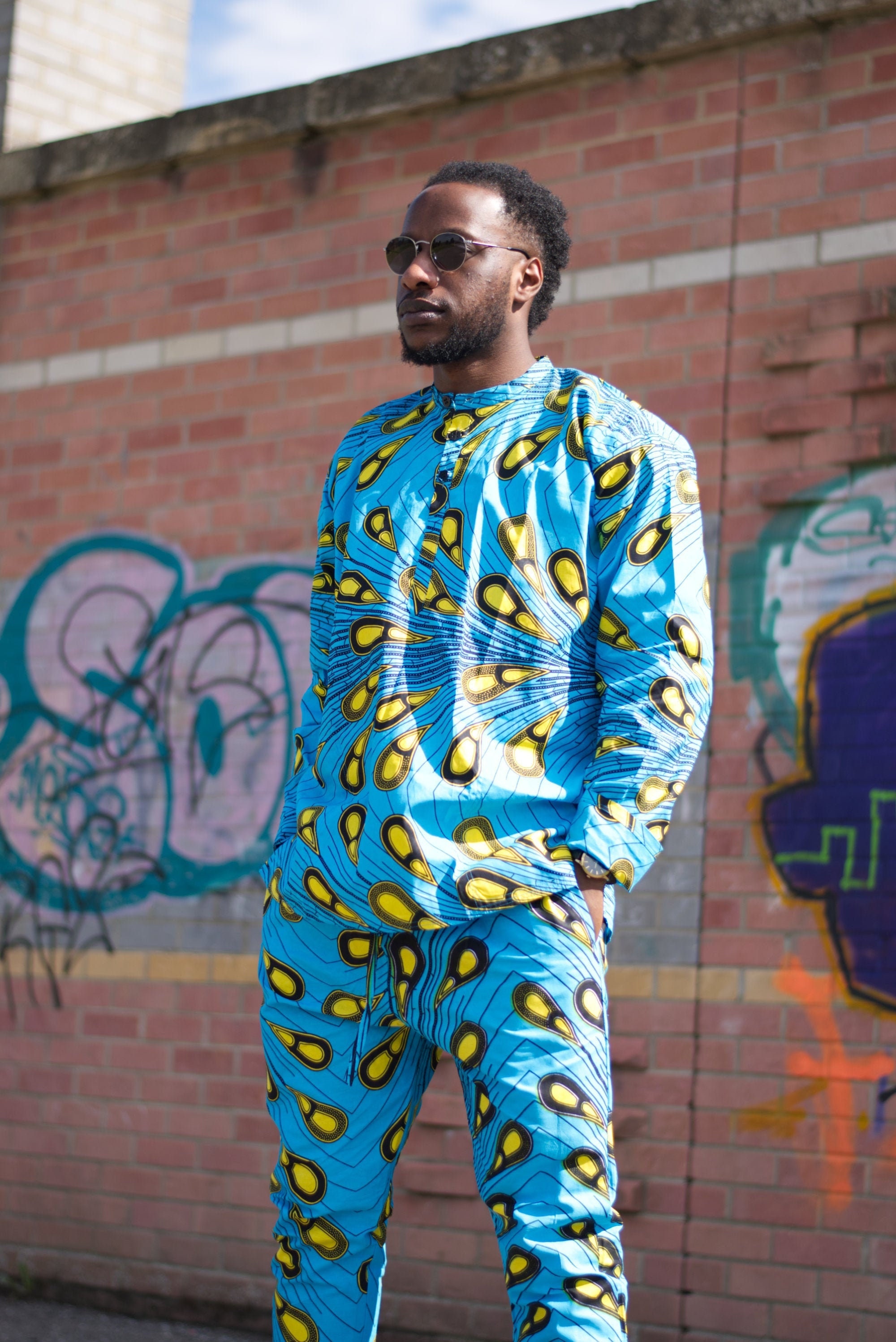 Image of African Trousers in Blue & Yellow Ankara/Print Pants Made Africa