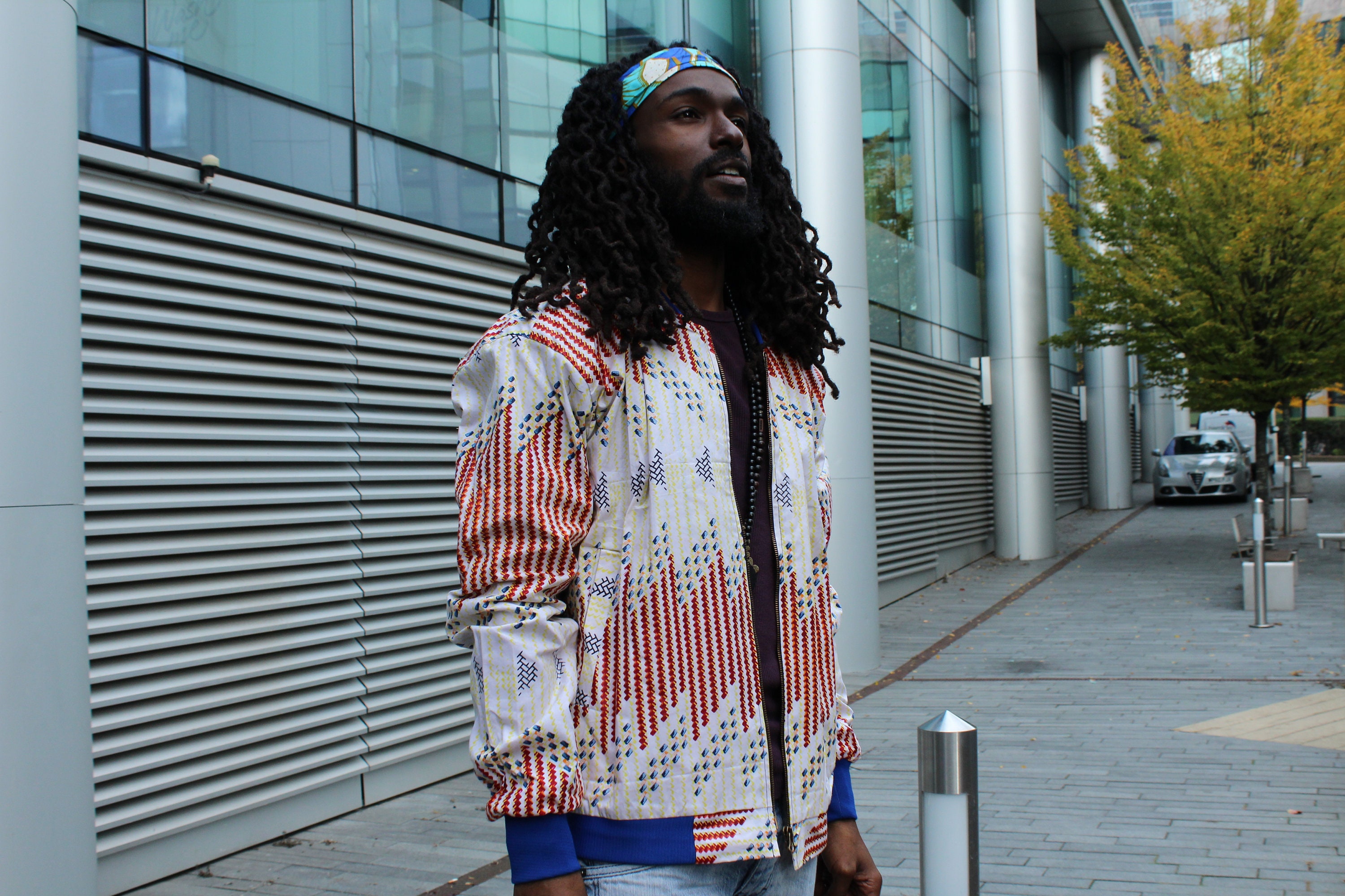 Image of Ankara Jacket in White African Print/ Varsity Bomber/Clothing Biker