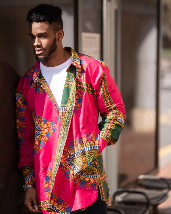 Chemise africaine rose électrique, chemise dashiki, chemise d'été
