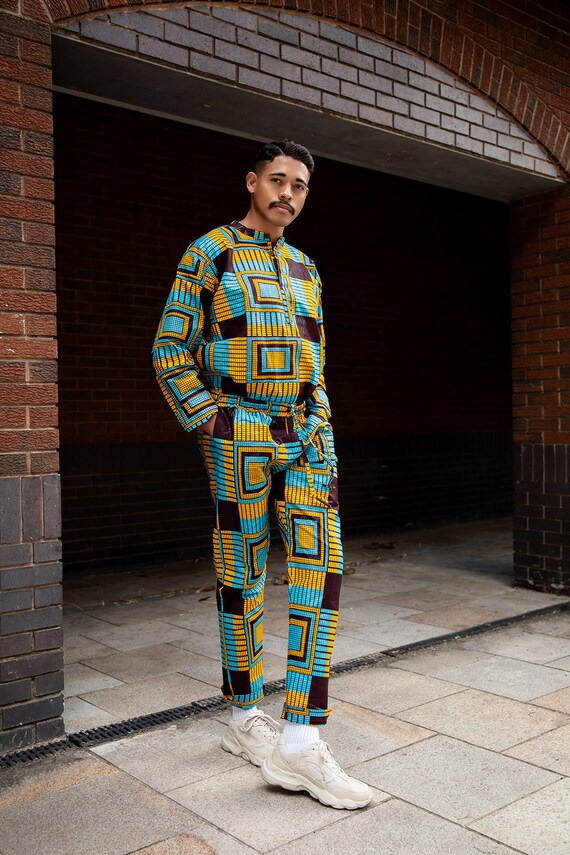 African Trousers or African Pants in Brilliant Blue Kente Print African Clothing Proudly Made in Africa