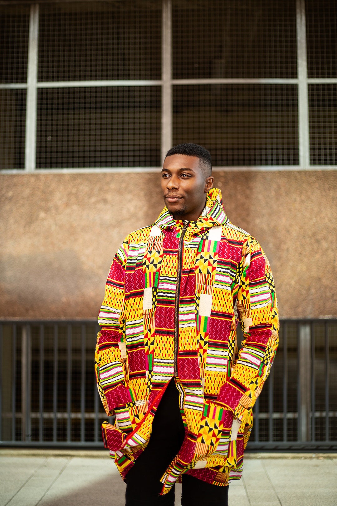 Image of Amazing Kente African Hoodie in Yellow With Pockets/Festival Hippy Shirt Colorful Made in Africa