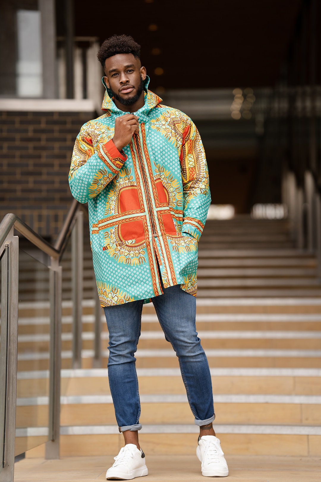 Image of African Winter Jacket in Turquoise Dashiki/Hoodie Handmade in Africa