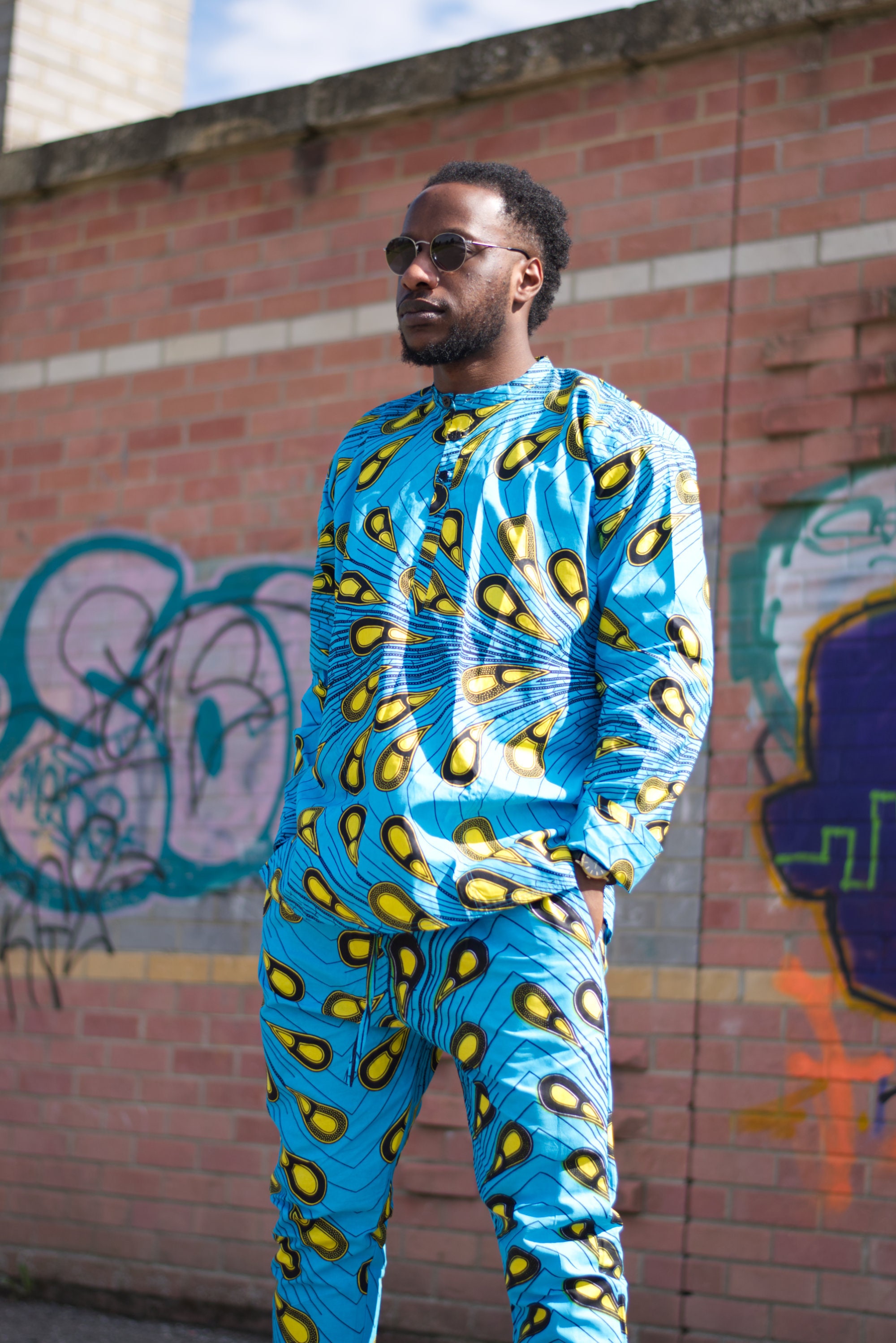 Image of African Shirt in Brilliant Blue & Yellow Ankara/Clothing Made in Africa