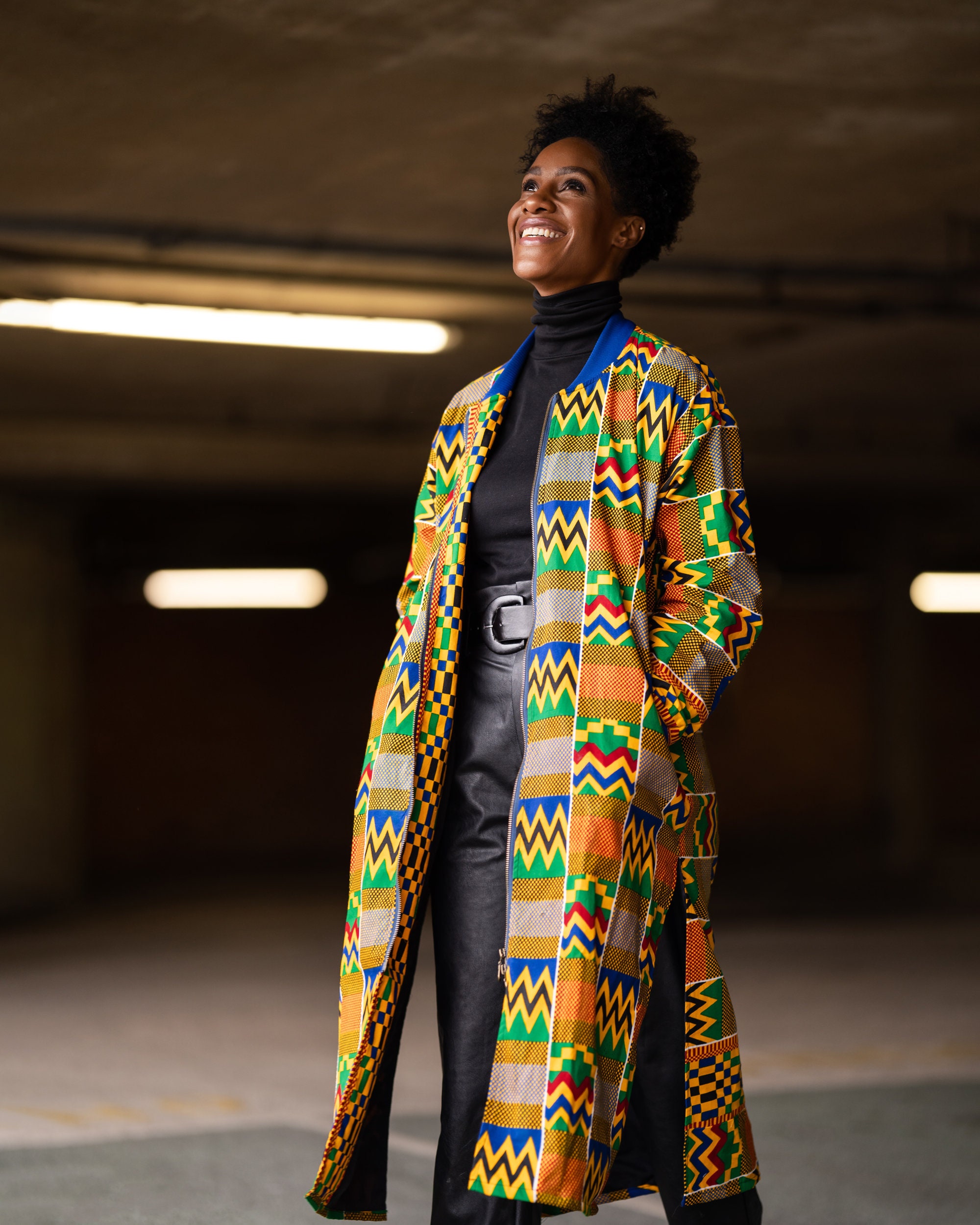 Image of African Winter Trench Coat in Electric Orange Kente/Parka Made Africa