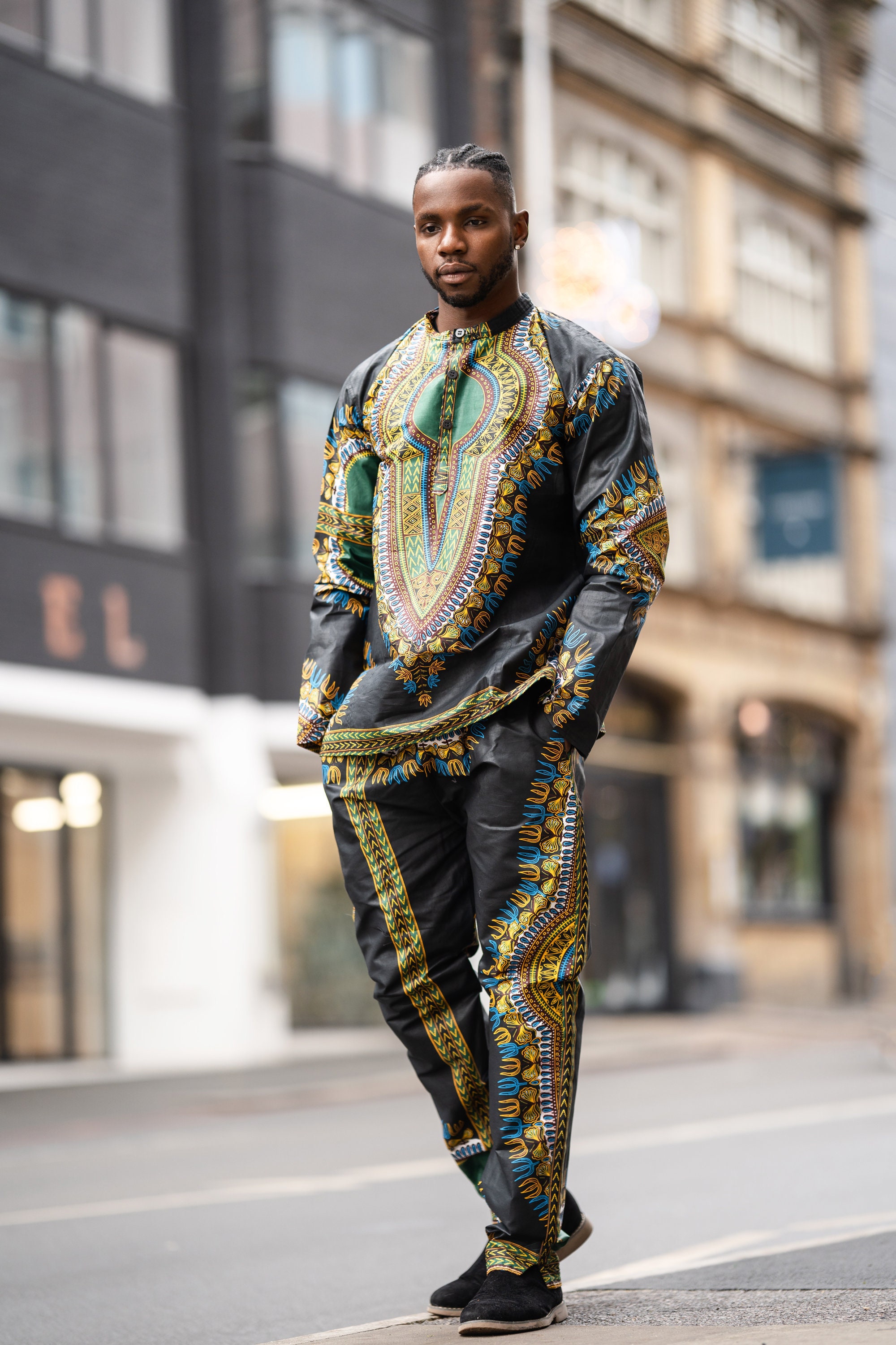 Image of African Shirt, Dashiki Shirt in Black/Print Made Africa