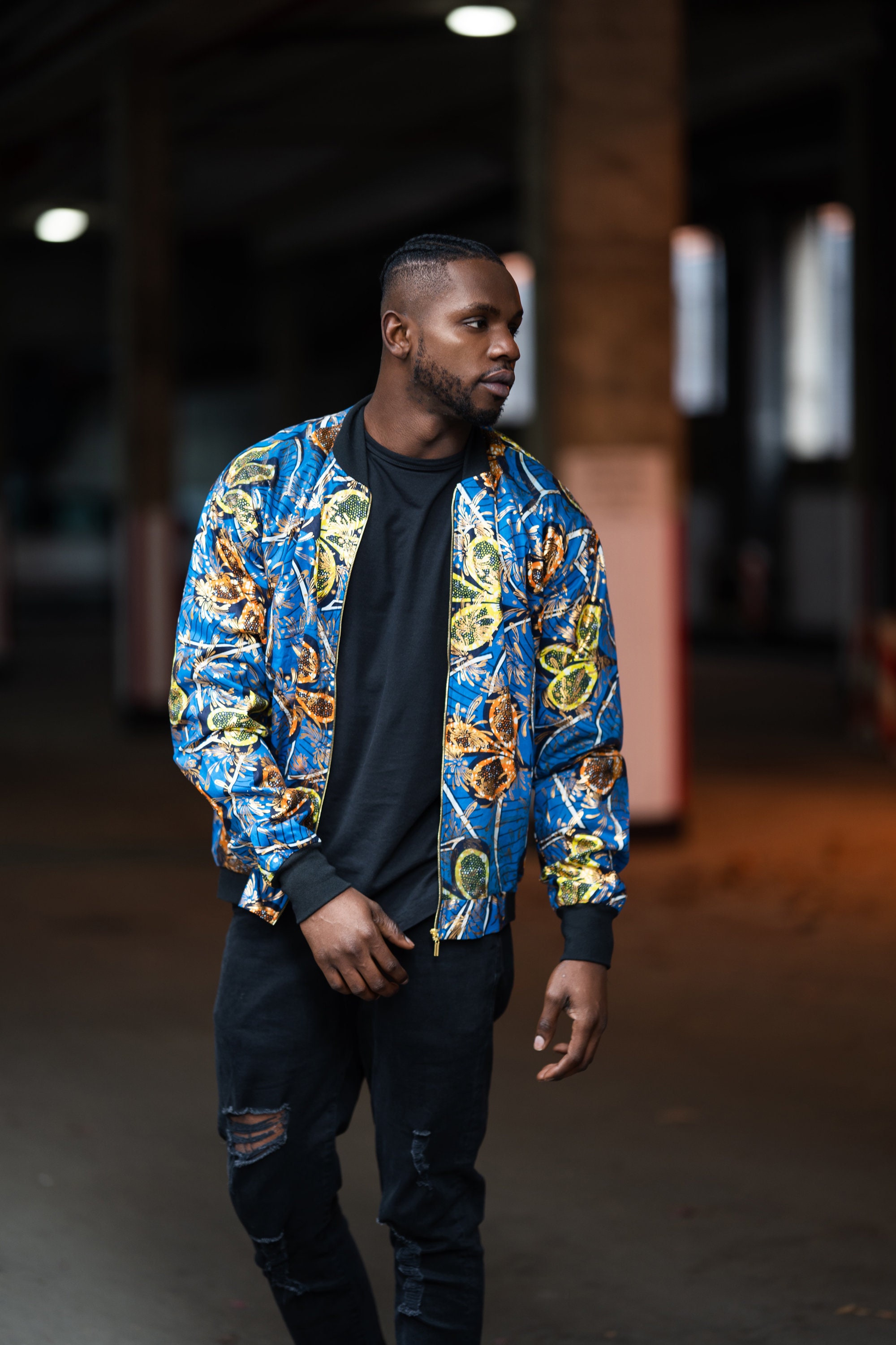 Image of African Print Bomber Jacket in Gold Blue Ankara/Fresh Prince Aztec Made Africa