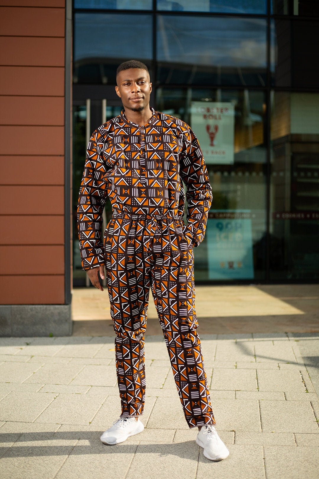 Image of African Clothing/Pants in Brown Mud Cloth Print With Pockets Trousers Made in Africa