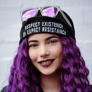 Vegan Cuffed Beanie 'Respect Existence or Expect Resistance' Anticarnist Vegan Clothing, Vegan Hat, Vegan Cap