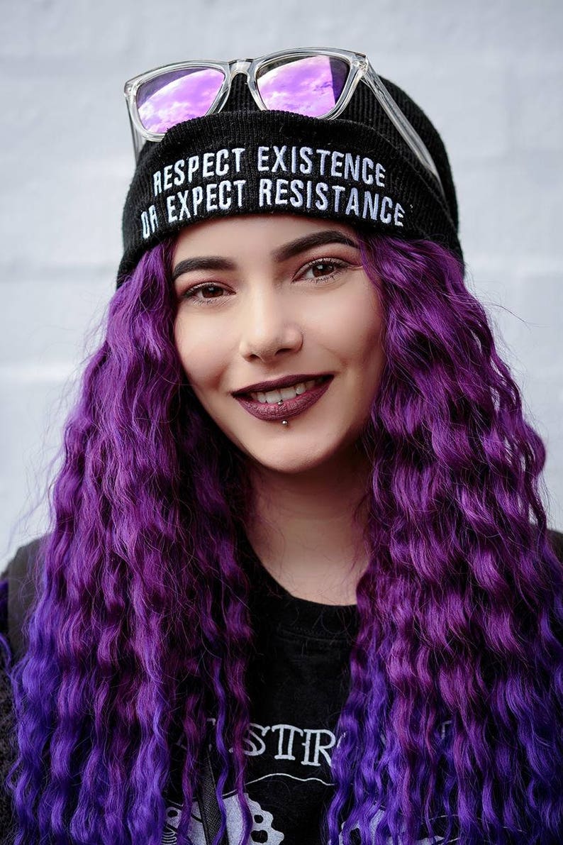 Vegan Cuffed Beanie 'Respect Existence or Expect Resistance' Anticarnist Vegan Clothing, Vegan Hat, Vegan Cap image 1