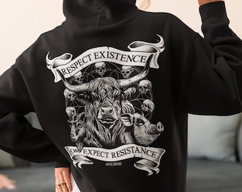 Sweat à capuche végétalien, haut à capuche végétalien, sweat-shirt végétalien, pull végétalien, anticarniste, vêtements végétaliens, respectez l'existence ou attendez-vous à de la résistance