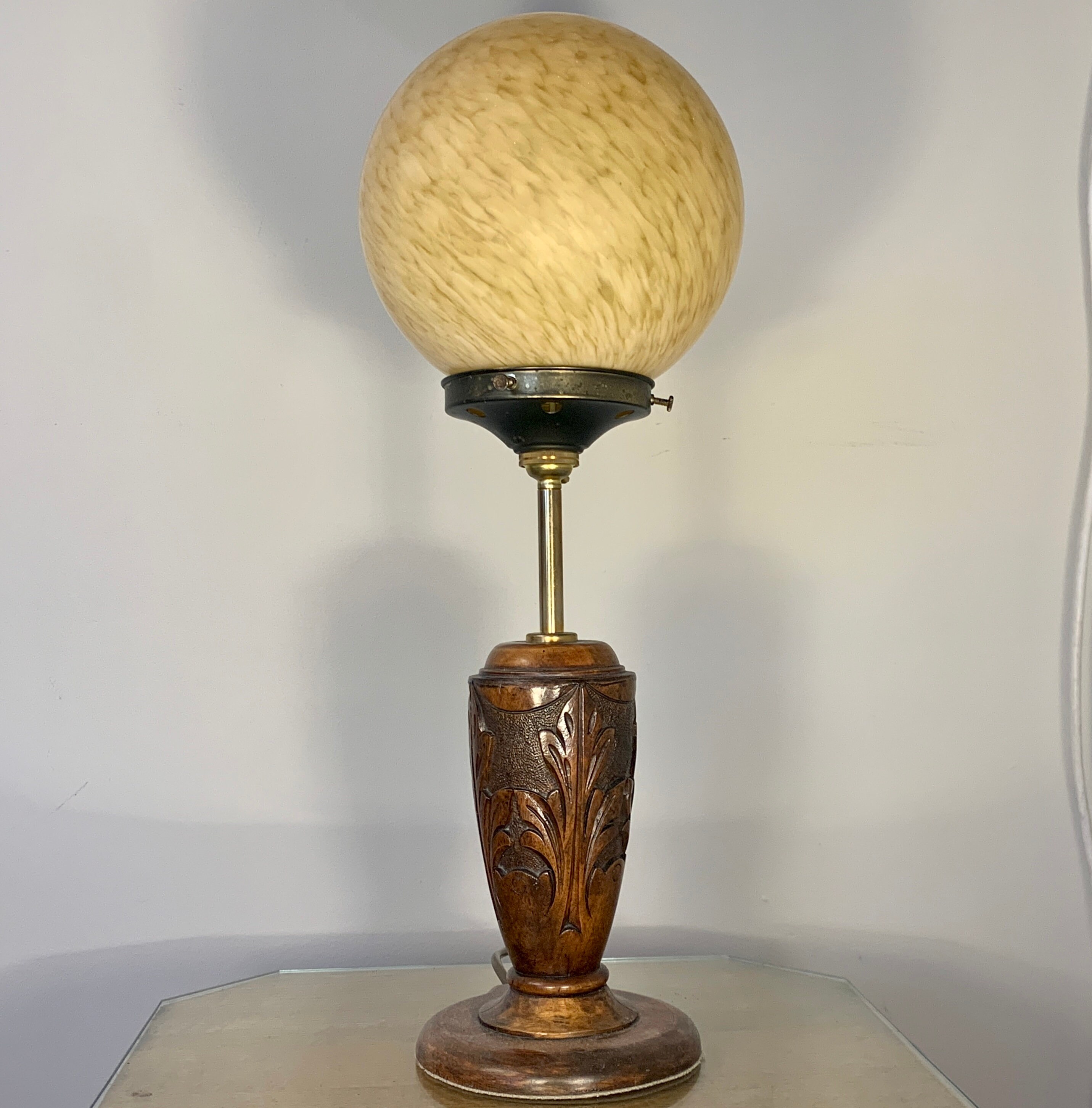 Art Deco Carved Wood Table Lamp With Glass Globe Shade C.1930. Etsy