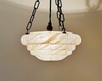 Art Deco Pink And Green Marbled Glass Plafonnier Pendant Light Restored And Ready To Be Placed C.1930.