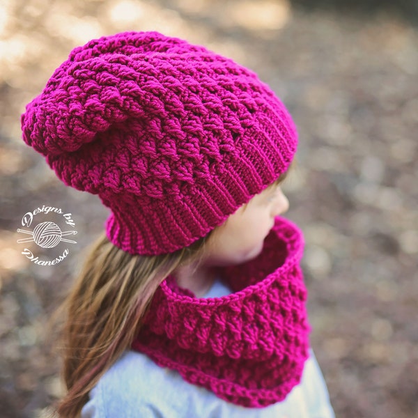 Crochet Raspberry Slouch Beanie & Cowl PATTERN | Crochet Pattern | Crochet Hat | Slouch Beanie | Instant Download