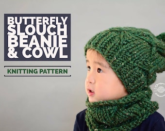 Knit Butterfly Slouch Beanie & Cowl PATTERN | Knit Pattern | Knitting Pattern | Knit Hat Pattern | Cowl Pattern | Instant Download Pattern