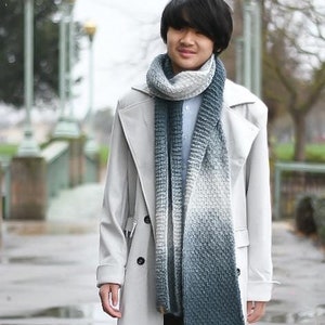Könnte beinhalten: Ein hellgrauer Trenchcoat und ein blau-weißes Farbverlaufs-Schal. Der Schal ist um den Hals gewickelt und hängt vor dem Mantel herunter. Der Mantel hat ein zweireihiges Design.