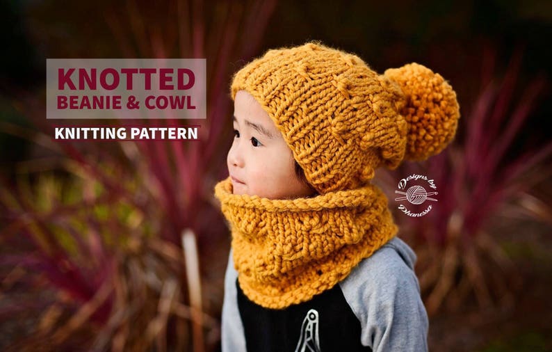 Knotted Slouch Beanie & Cowl PATTERN Cowl PATTERN Beanie Pattern Knitting Pattern Instant Download Pattern Knit Pattern image 1