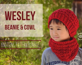 May include: A red knitted beanie and cowl set for children. The beanie and cowl are made with a textured stitch pattern. The set is called "Wesley Beanie & Cowl Knitting Pattern Bundle".