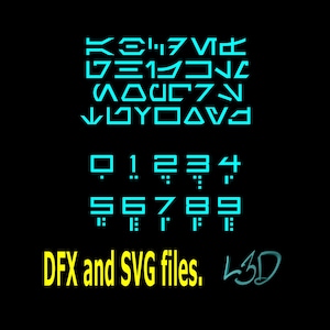 May include: A blue and white alphabet and number font set in a futuristic style. The text "DFX and SVG files. L3D" is also included in the image.