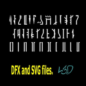 May include: A black and white image of a font with the letters A through Z and numbers 0 through 9. The text "DFX and SVG files." is in yellow at the bottom of the image. The text "L3D" is in teal at the bottom right of the image.