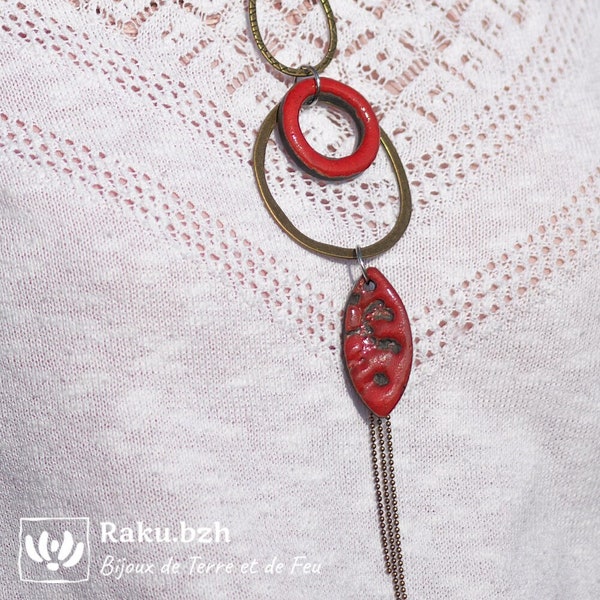 Collier en raku céramique KUSARI, différentes variantes, bijoux inspirés par la nature, bijoux naturels, émail rouge, motif verveine