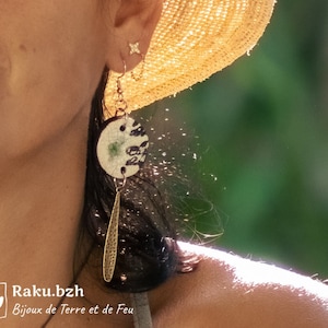 Long white raku DORO earrings, bronze and ceramic bird earrings, nature-inspired jewelry